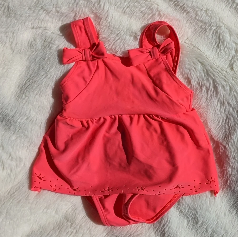 LILI GAUFRETTE Pink Bow Sunshine Ruffle Trim One-piece Swimsuit Infant 6m EUC